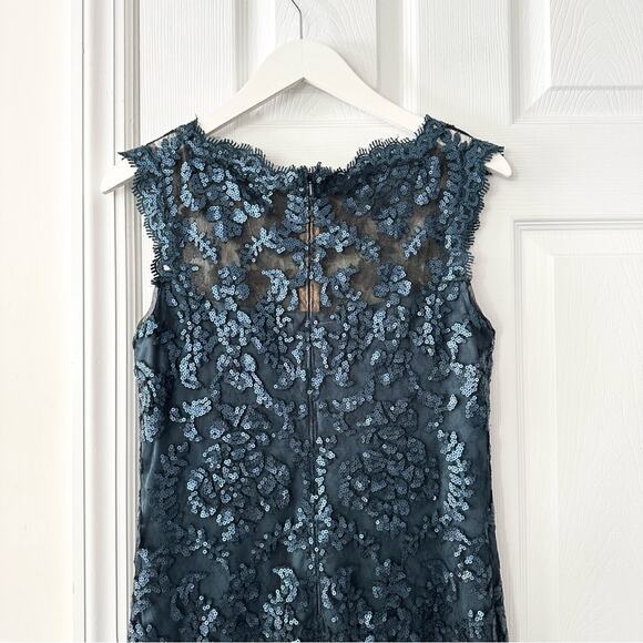 Tadashi Shoji Teal Sequin Illusion Sheath Knee Length Pailette Cocktail Dress 8 - Picture 6 of 13